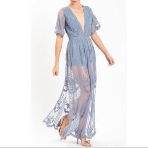Honey Punch Dusty Blue Lace Overlay “Open Road” Maxi Dress / Romper – new!